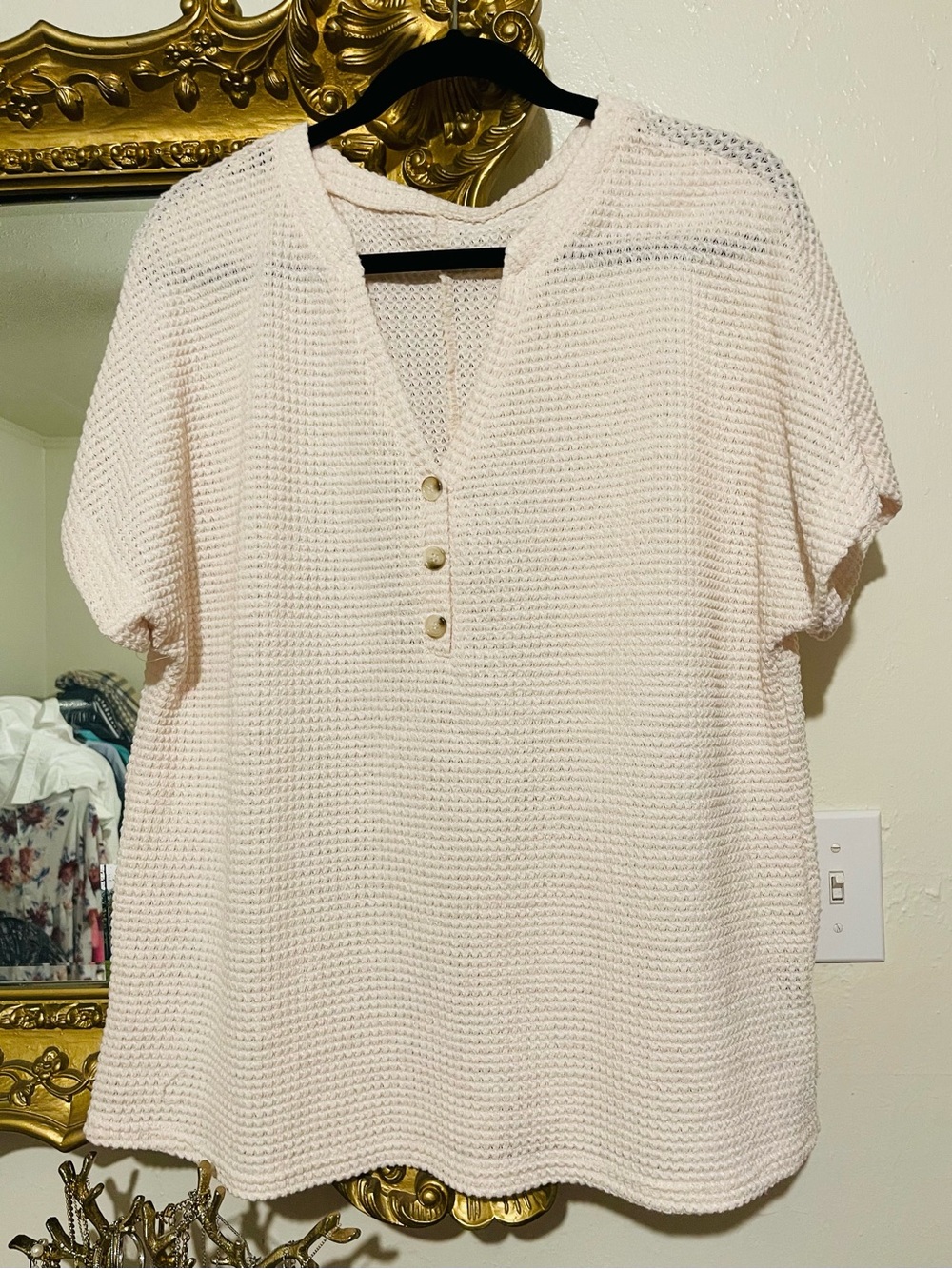 Emery Rose Cream Waffle Knit Henley Short Sleeve Top - XL